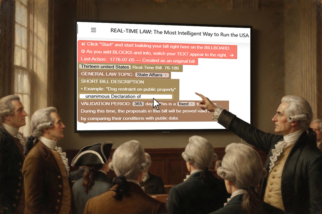 Founding fathers deliberating over their first real-time law.